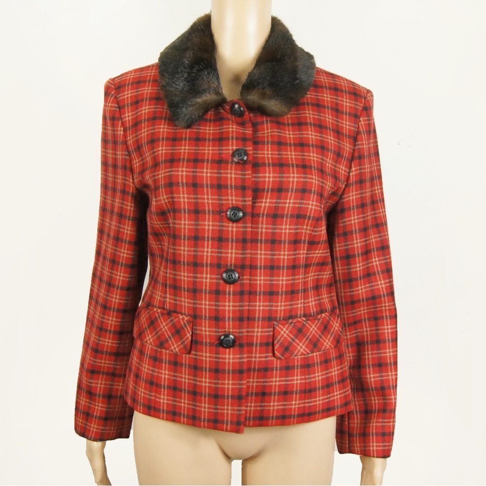 Vintage Red Plaid Blazer with Faux Fur Collar